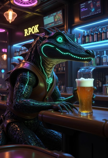 In the style of ff-co, A hyper-realistic, futuristic scene featuring a glossy black crocodile in a bar wearing a leather vest and holding a beer.