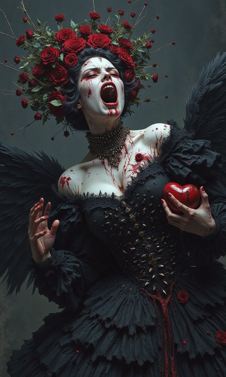 Gothic horror queen with vivid expressions and screaming in pain. She wore a black Victorian dress with lace details and a surface covered with spikes that were seriously bothered and soaked in blood. Her face was ghostly pale, with red makeup around her eyes, and blood dripping from her chest and hands. The surreal crown made of roses extends outward like a weird halo; there is a red heart in your hand. Dark and moody lights, surreal details, disturbing horror aesthetics, dramatic scenes.<lora:flux1-D\flux_realism_lora.safetensors:0.4:1.0> <lora:flux1-D\flux.1_lora_flyway_Epic-detail_v2.safetensors:0.6:1.0>