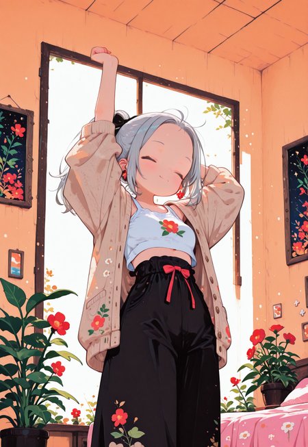 anime girl, silver hair tied in ponytail, forehead, stretching with arms behind head, soft smile, closed eyes, morning light, inside a cozy bedroom, white crop top, loose azure cardigan with red flower print, high-waisted black pants with bow, cute and casual outfit, gentle soft lighting, warm color palette, peaceful morning vibes, background plant, framed picture on wall, anime style, highly detailed, pastel tones,

fl4t,, Ethereal Brushstroke, kani bonara,