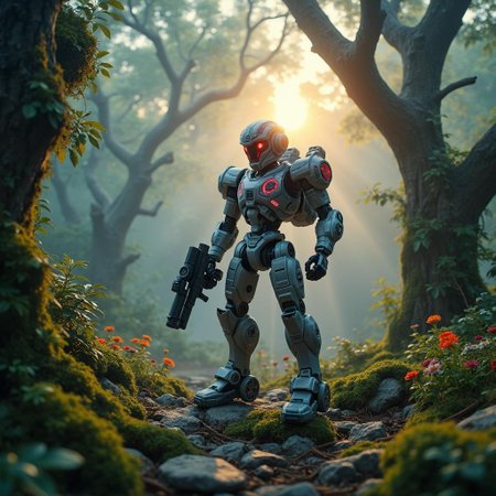 <lora:ck-plastic-models.safetensors:1> a diorama of a plastic model kit featuring
In the heart of a misty, enchanted forest, a cyberpunk robot figure stands tall, its presence blending seamlessly with the surreal beauty of the surroundings. The dawn light filters through the dense canopy, casting a soft, ethereal glow over the scene. The robot's sleek, metallic armor, primarily in shades of silver and black, is accentuated by the earthy tones of the moss-covered rocks and vibrant foliage that surround it. Neon red and blue lights pulse gently, mirroring the sunrise and sunset hues that dance among the leaves.
The robot's powerful build and well-defined musculature are highlighted by the interplay of light and shadow, giving it a lifelike quality. Its sharp, glowing red eyes pierce the mist, adding a sense of intensity and focus. A futuristic helmet, adorned with intricate, glowing patterns, completes the advanced, high-tech design. A high-tech gun, holstered on its back, glints in the soft light, adding a touch of futuristic weaponry to the enchanting setting.
The forest itself is a marvel of color and texture. The ground is carpeted with lush, emerald green moss, and ancient trees with gnarled, twisted branches reach towards the sky, their leaves a vivid array of greens, yellows, and oranges. Wildflowers in bold, playful colors dot the forest floor, creating a psychedelic tapestry that contrasts beautifully with the earthy, natural elements. Mist gently rises from the ground, adding a dreamy, surreal quality to the scene, as if the forest itself is a living, breathing entity.
The robot stands as a guardian of this enchanted land, a harmonious blend of realism and fantasy, inviting the viewer to step into a world of peace and wonder.