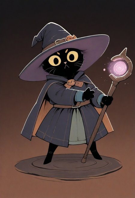 (masterpiece, best quality, high quality, highres), very awa, highres, absurdres, intricate detailed, 
ROOT, solo, full body, close to viewer, (no humans:1.1), eyes, 
1girl, (black cat:1.1), witch,
holding, magic staff,
posing, battle pose,