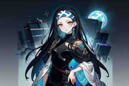 highly insanely detailed, masterpiece, top quality, best quality, highres, 4k, 8k, RAW photo, (very aesthetic, beautiful and aesthetic),  
beth_\(megami_tensei\),bethsmtii,shin megami tensei ii,long hair,black hair,straight hair,sleek black,jewelry,cross,headband,red_lipstick,katana,sword,Tokyo_Millennium,post-apocalyptic_city,dystopian_world,Holytown,Religious_center,church_district,Order_of_Messiah,Religious_order,messianic_cult,divine_rulers,Great_Cataclysm,World_ending_event,apocalyptic_disaster,city_rebirt, 
<lora:zs_Beth:0.6>, 
(1girl:1.3), 1other, 
dark grey background,ice blue background,(rainbow background,colored digital glitch background),âââ