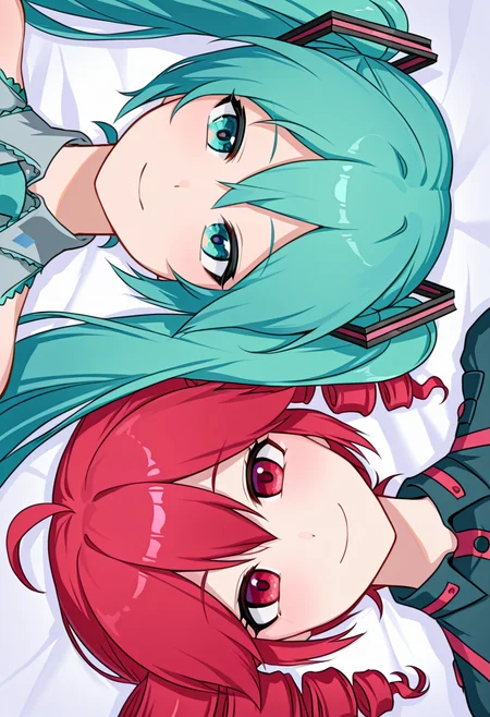 masterpiece, high quality, absurdres, lying parallel, lying, close-up, rotational symmetry, 2girls, 
BREAK
hatsune miku, closed mouth, smile,
BREAK
kasane teto, closed mouth, smile,
 <lora:Lying_parallel:1>
