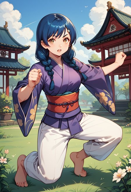 (tadokoro megumi),
score_9, score_8_up, score_7_up,masterpiece, best quality, ultra detailed,  in a big garden in front of a old Chinese building, green plants, long grass, flower, 
A picture of a girl, solo, practicing Chinese kung_fu , she is wearing a yin_yang_print robe, white pants, barefoot, looking at viewer seriously,  open arms and fighting stance, 
A Japanese 1girl has blue hair which was bound into twin braids, yellow eyes and brown pupils, round face, (tender and slender:1.21) body with medium breasts,  ,  <lora:TadokoroMegumi_Pony_r1:1>