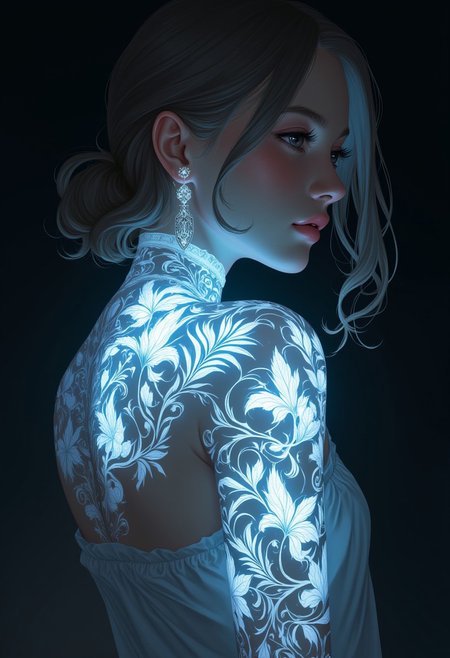 an alabaster Valkyrie with bioluminescent tattoos of bio ink , split diopter, over-the-shoulder shot, Rembrandt lighting, low angle shot, extreme close-up shot