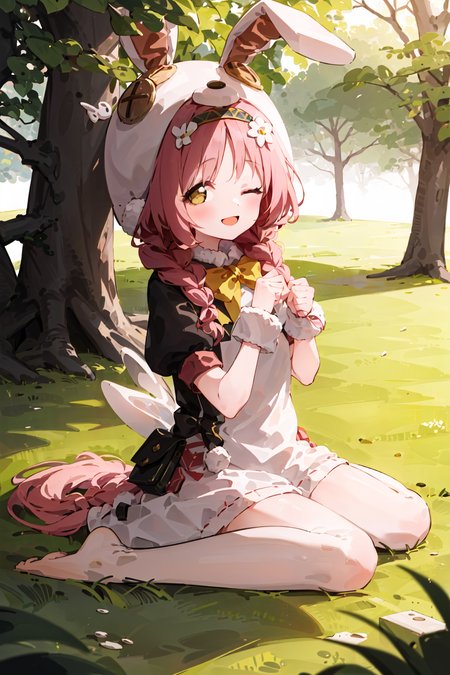 ((masterpiece,best quality)),1girl, solo, barefoot, knees up, dress, sitting,  looking at viewer, grass,  smile, outdoors, puffy short sleeves, bangs, on ground, full body, ((white dress)), sunlight, dappled sunlight, day, depth of field,bunny hat, <lora:akaneMimiPrincessConnect_kittenchow:0.8>