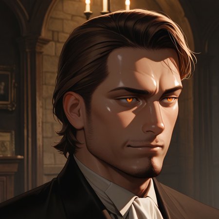 masterpiece, best quality, amazing quality, absurdres, newest, detailed background, definition so sharp, Ultra-HD, 8K cinematic, very awa, impressionate, amazing quality, highres, 
solo, male focus, manly, shadow, shiny skin,
shimonmakusu, shimon_brunette, shimon_orange eyes, 1boy, short hair, stubble, goatee, mature male, aristocrat, gloomy, regal, period_clothing, manor, dark_decor, cryptic_smile, enigmatic, distant, old_money, velvet, silver_fox, shadows, sophisticated