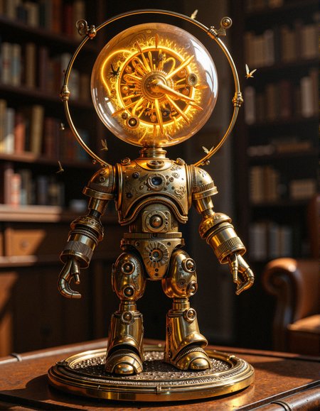 aidmaHyperrealism,
A masterpiece of steampunk design, this magnificent golden automaton, standing atop a lavishly adorned mechanical pedestal, is an intricate fusion of art and engineering, its entire body a mesmerizing symphony of interlocking brass gears, polished copper wiring, and delicately embossed metal plates. Its legs, formed of finely tuned pistons and rotating mechanisms, provide both stability and grace, giving the automaton an almost lifelike presence. The torso is an elaborate network of gears and cogs, interconnected like the inner workings of an ancient celestial clock, each piece moving in perfect unison. The head is a luminous glass dome, glowing with a warm golden light, its interior revealing a mesmerizing dance of floating mechanical rings and celestial clock hands, constantly ticking as if keeping track of a universal timeline. Tiny clockwork fireflies, adorned with delicate metallic wings, hover around the glowing core, tethered by thin golden filaments that pulse with a mysterious energy. The setting is a dimly lit study, where the automaton’s golden glow casts intricate patterns of light and shadow upon the surrounding bookshelves and antique furniture, evoking an atmosphere of timeless wonder and mechanical divinity.
 <lora:aidmaHyperrealism-FLUX-v0.3:0.5> <lora:FluxDFaeTasticDetails:0.3>