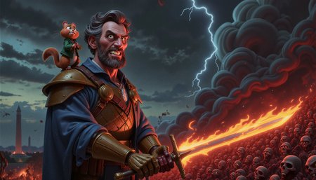 A hauntingly patriotic scene reminiscent of Frank Frazetta's heroic fantasy art mixed with the dystopian grandeur of Simon Stålenhag, where saturated reds and blues punctuate an otherwise monochromatic battlefield beneath a stormy sky. The composition is framed from a dramatic low angle with shallow depth of field, emphasizing Lincoln's towering figure against thunderous clouds, illuminated primarily by the fierce glow of his flaming sword and occasional lightning flashes that cast harsh shadows across his mechanical armor.

Lincoln's weathered face is contorted in righteous fury beneath his iconic beard, his deep-set eyes blazing with determination while his mouth opens mid-battle cry, revealing clenched teeth as veins bulge at his temples and neck.

The 16th president stands defiant in a steampunk-inspired exoskeleton of brass and iron that amplifies his lanky frame to imposing proportions, Union blue fabric torn at the shoulders where steam vents release pressure, his right hand clutching a medieval broadsword wreathed in supernatural flames while a cartoonishly angry chipmunk with puffed cheeks and raised tiny fists perches on his left pauldron. The undulating mass of decomposing zombies swarms up the bloodstained hillside in tattered Civil War uniforms from both North and South, their rotting hands reaching upward as they converge on the last defender of democracy, creating a churning sea of putrid flesh against a background of burning Washington monuments partially obscured by billowing smoke and ash.