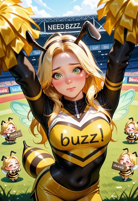 NEWEST, CONTRAPPOSTO, 2.5D REALISTIC, DETAILED FACE & EYES, PERSPECTIVE, SOLO FOCUS, ULTRA DETAILED EYES, EYE HIGHLIGHTS, masterpiece, BEST QUALITY, 1girl, solo, b33g1rl, Bee's wings bee's tail,
yellow and black stripe costume, bee's antenna
in American foot ball stadium, grass,
from above, wide angle,
bust up shot,
arms up higher, black and yellow zebra design arm sleeve,
Y-pose arms,
face profile,
tilt head,
shouting,
team of  cheerleaders,
cheerleading tight clothing yellow clothing breasts under clothes slim sleeves long sleeves dyed blonde hair long hair green eyes embarrassed look closed mouth makeup pink lipstick
belly
covered navel
young
need_buzz holding  cheerleading,
tight clothing, yellow clothing, breasts under clothes, slim sleeves, long sleeves, dyed blonde hair, long hair, green eyes, embarrassed look, closed mouth, makeup, (pink lipstick:0.6), belly, covered navel, young, need_buzz, holding sign
correct "need buzz" sign at signage screen on stadium,
twisting upper body. from diagonally side,
several fairies also performing this show,
(chibi fairies has correct "need buzz" sign board:1.3) 
correct "need buzz" sign at uniform,
unholy-aesthetic, MASTERPIECE, BEST QUALITY, AMAZING QUALITY, VERY AESTHETIC, ABSURDRES, ultra DETAILED face, ultra DETAILED EYES, 
BREAK
lazyreal