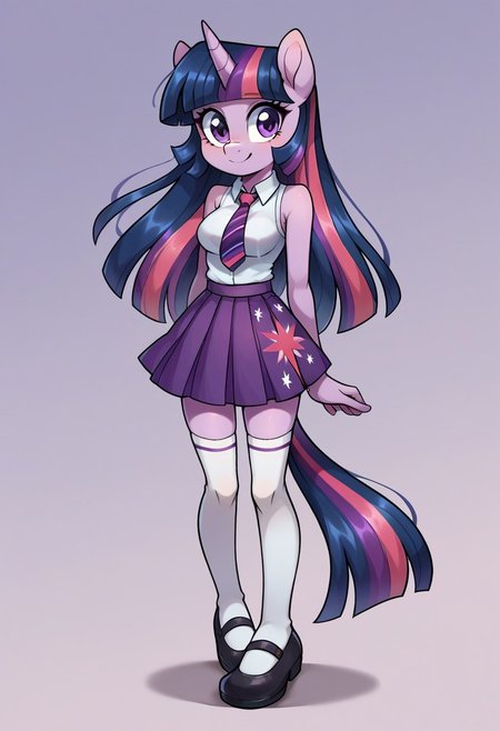 score_9, score_8_up, score_7_up, score_6_up, score_5_up, score_4_up, j3n, 1girl, solo, Full body, female, petite, furry, Twilight Sparkle, unicorn, purple pony, lilac fur, long hair, blue mane and tail, pink and purple stripe on tail and mane, short straight bangs, lilac horn, semi-short ears, pink star six pointed, medium breasts, pleated skirt, white shirt, purple tie, purple skirt, white thighhighs, sleeveless, collared shirt, purple mary janes, smile, standing, legs together, arms at sides