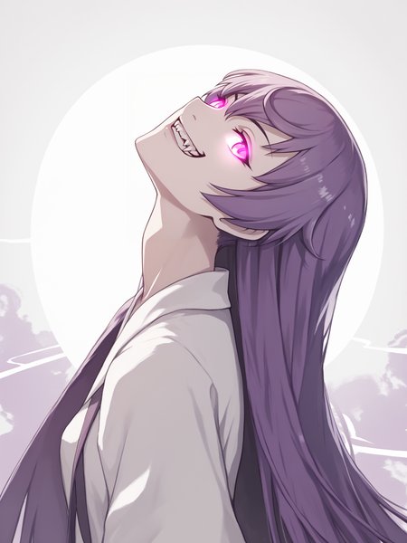 score_9, score_8_up, score_7_up, score_6_up, score_5_up, score_4_up, source_anime, source_cartoon,
1girl, (shaft head tilt), <lora:shaft_head_tilt-PD-1.0:1>, 
very long hair, purple hair, open mouth, abstract background, purple theme, glowing eyes, fangs, grin, monogatari \(series\),