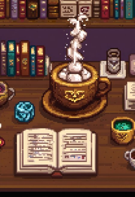 pixel art, digital art, A cozy study where a sugar cube sits at an ornate desk carved from chocolate, surrounded by books titled "The Sweetness of Existence" and "Crystallized Thoughts." A steaming cup of coffee looms ominously nearby, threatening dissolution. Rendered in Renaissance-inspired chiaroscuro lighting with hyper-detailed textures on the sugar cubeâs crystalline surface, this humorous piece reflects on mortality and purpose through edible fragility.