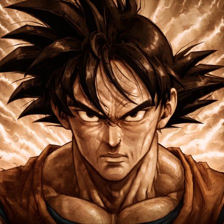 masterpiece, best quality, newest, absurdres, highres, D3CSPS-V1.0, brown theme, sepia, monochrome, 
1boy, son_goku, /(dragon_ball/), spiked hair, black hair,