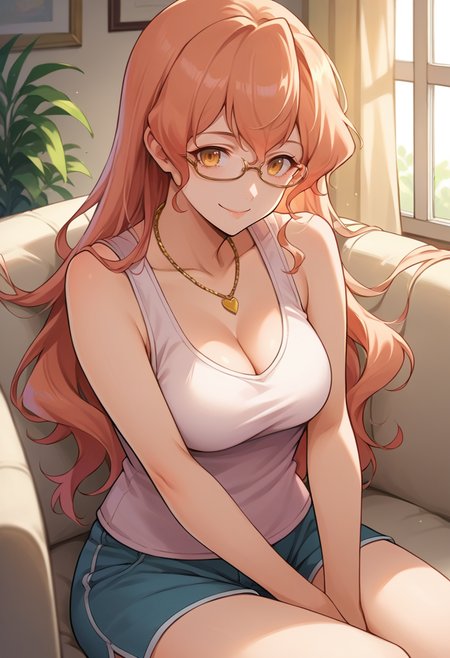 score_9, score_8_up, source_anime, 1girl, solo, Muginami, yellow eyes, pink hair, long hair, glasses, tank top, cleavage, necklace, sleeveless, shorts, smile, indoors, sitting, on couch, <lora:ChamMuginamiPonyXL:1>