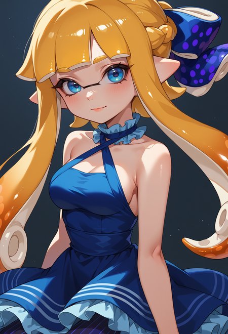 score_9, score_7_up, source_anime, BREAK  <lora:SplatoonInkling_PD_v030:1> splatoon inkling, tentacle hair, mask,, light smile, 1girl, blue eyes, very long hair, blonde hair, french braid, bangs, hair between eyes, medium breasts,, hair ribbon, frilled choker, criss-cross halter, sleeveless dress, high-waist skirt, backless dress, layered dress, blue dress, waist blue bow, detached sleeves, frilled sleeves, wide sleeves, blue sleeves, black pantyhose, patterned legwear, pinstripe pantyhose, mary janes,