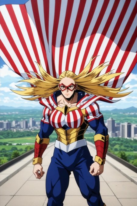 score_9, score_8_up, score_7_up, source_anime, rating_safe, intricate details, anime screencap, , official style, , depth of field, 1girl, solo, <lora:cathleen_bate_pony:0.92>, cathleen_bate, blonde hair, brown eyes, long hair, superhero, cape, muscular, bodysuit, american flag, mask, cowboy shot, corridor, day, clouds, pose, nervous, camo costume, <lora:sdxl_lightning_8step_lora:1>