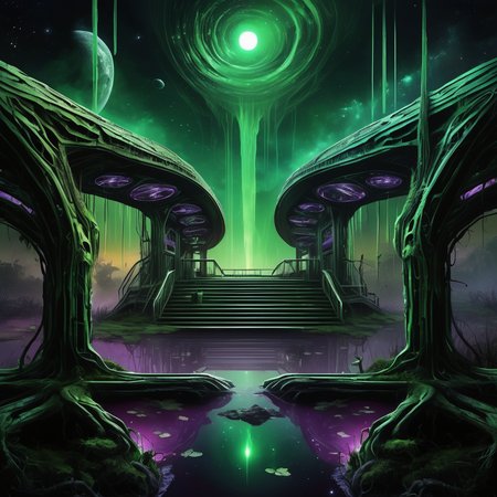 ((best quality)), ((masterpiece)), ((realistic,digital art)), (hyper detailed),DonMD34thM4g1cXL, magical,eerie,  Space Station Wetland Ecosystem,Jamb, <lora:DonMD34thM4g1cXL_v3.0-000015:0.85>
