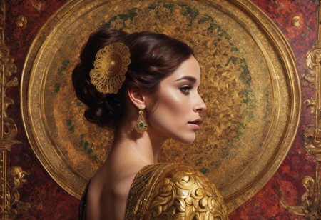 aidmafluxpro1.1,
A masterpiece of (idol girl ink painting full body capture) style created by the collaboration of Gustav Klimt and Eugene Delacroix.
The masterpiece combines the opulent ornamental elements of Gustav Klimt’s gold-laden style with the vivid emotional intensity of Eugene Delacroix’s expressive brushwork. 
**Lighting:**
- Soft, diffused lighting from above creates a gentle glow that highlights the ornate details and textures.
- Shadows are cast diagonally across each material interval, emphasizing depth and contrast.
**Color Palette:**
- Rich, jewel-toned colors dominate the palette, with deep reds, vibrant greens, and golds interwoven throughout the composition.
- The use of metallic gold and reflective surfaces in Klimt’s style contrasts with the organic, painterly brushstrokes of Delacroix, creating a harmonious blend.
**Overall Composition:**
,HD32K,hyperdetailed,best quality,