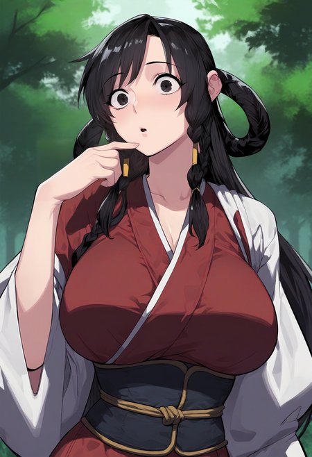 score_9, score_8_up, score_7_up, score_6_up, source_anime, rating_explicit, 1girl, (solo:1.1), huge breasts, <lora:Nak So-Wol prefectPonyxl:0.9> black hair, long hair, black eyes, hair rings, hair tubes, sidelocks, twin braids, hair over shoulder, red shirt, red dress, sash, black corset, short over long sleeves, surprised, forest, outdoors, looking at viewer, close-up, hand up