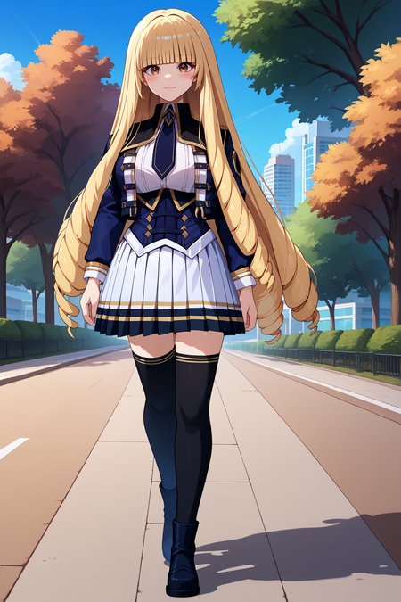 score_9, score_8_up, score_7_up, score_6_up, source_anime, 1girl, solo, <lora:roseoriana-pdxl-nvwls-v1-000006:1> r0se, blonde hair, very long hair, drill hair, blunt bangs, brown eyes, black jacket, cropped jacket, black necktie, white shirt, corset, white skirt, pleated skirt, black thighhighs, blue sky, big breasts, looking at you, full body, black boots, walking, trees, park, city, blue sky, looking at you, happy, blush