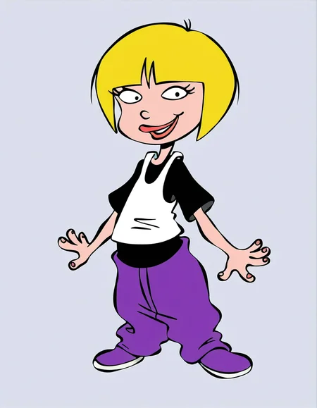 nazz,blonde hair, short hair, 1girl, shirt, solo,, smile, pants, t-shirt purple pants, lipstick,  <lora:NazzIllustrious1.0JLFO:1> simple background,, looking at viewer,