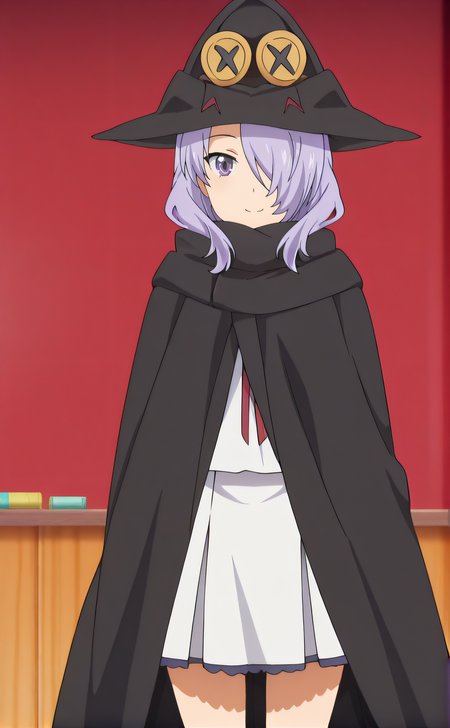 masterpiece, best quality, highres, newest, 1girl, solo, official style, anime screencap, <lora:Nanako:1>, nanako, purple hair, hair over one eye, purple eye, black hat, school uniform, black cloak, looking at viewer, expressionless, smile, indoor, cowboy shot
