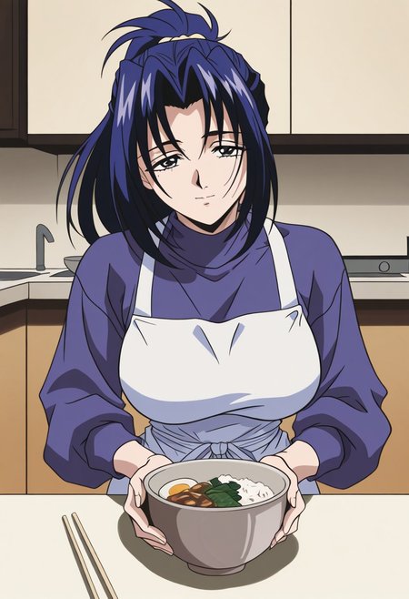 masterpiece, best quality, newest, highres, uncensored, 1girl, yokota mamoru style,1girl, slender face，motion lines,
Amou Miyuki OVA,Black Hair, Blue Hair, Curtained Hair, Parted in Middle, Ponytail, Waist Length Hair,Blue Eyes, Tareme Eyes,Big Breasts,solo, 1girl, black hair, apron, food, indoors, black eyes, long sleeves, bowl, table, sweater, kitchen, chopsticks, looking at viewer，The image is a digital drawing in an anime style, depicting a young woman sitting at a table in a dimly lit room. She has shoulder-length, dark hair and fair skin, with a slender, petite build. She is wearing a light-colored, long-sleeved shirt with a simple, possibly white apron over it. Her hands are placed together in front of her face, suggesting a contemplative or thoughtful expression.