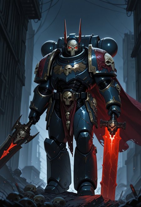 masterpiece, best quality,high quality, newest, highres,8K,HDR,absurdres, NightL40K, 1boy, solo, power armor, holding a greatsword, helmet, skull face helmet, glowing eyes, cape on his back
<lora:ILLNightL40K:1>