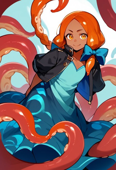 score_9, score_8_up, score_7_up, score_6_up, 1girl, solo, source_anime, tentacle hair, head fins, (dark skin:1.1), (scylla:1.2), cyan tentacles, silver tentacles, hair bow, pastel blue long dress, simple background, looking at viewer, evil smile, from behind, feet out of frame, flat chest, plump, medium hair, low twintails, braided bangs, amber eyes, orange hair, sarong, suit jacket