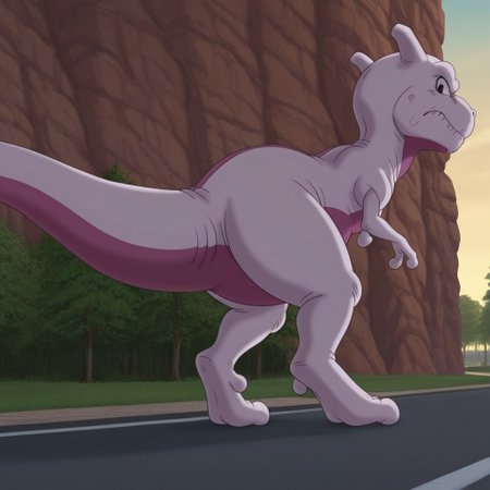 masterpiece, best quality, amazing quality, Tyrannosauruslbtil, feral, Tyrannosaurus rex, mewtwo costume, in a park, full body
