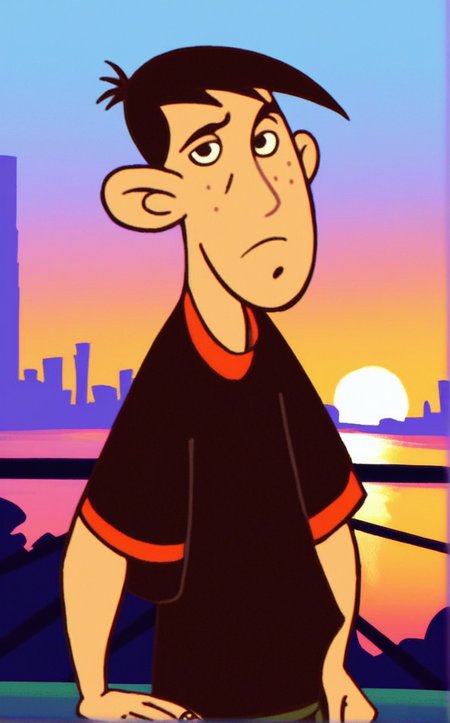 score_9, score_8_up, score_7_up, contrapposto, hand on hip, sunset, sidelighting, cityscape, vanishing point, outdoors, depth of field, solo, looking at viewer,   <lora:PONYXL_STYLE_KimPossibleTV_ownwaifu:1>, BREAK male_KimPossibleTV_ownwaifu, flat color, parody, 1boy, male focus, short hair, shirt, <lora:Expressive_H:0.15> <lora:add-detail-xl:0.15>,  <lora:43stl1ght1ngXLP2:0.2>, 43stl1ght1ng, dramatic lighting,