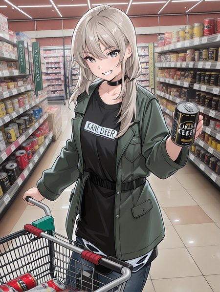 masterpiece,best quality,newest,
1girl,solo,
<lora:MOMOKA_KAWARAGI_ilxl_v1.1:1>,momoka _kawaragi,choker,choker,jacket,open clothes,black shirt,looking_at_phone,<lora:Fixhands_anime_bdsqlsz_V1:1>,<lora:shop_00_ilxl_v1.0:1>,shop_00,s_cart,shopping cart,from_side,looking_at_viewer,grin,canned beer,