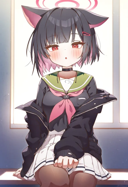masterpiece,best quality,amazing quality,
colored inner hair, solo, 1girl, animal ears, pink neckerchief, jacket, black hair, halo, skirt, multicolored hair, pantyhose, red eyes, pink hair, choker, blush, looking at viewer, sailor collar, neckerchief, black choker, hairclip, white skirt, short hair, two-tone hair, pleated skirt, black jacket, hair ornament, breasts, bangs, green sailor collar, long sleeves, parted lips, brown pantyhose, school uniform, off shoulder, cat ears,
 <lora:MountainHan:1>
