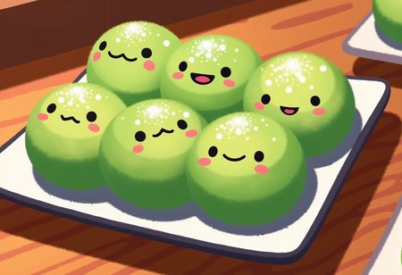 pikaole of a plate of happy green mochi balls with cute simple faces, they are giggling and smiling, some are blushing, they have powdered white sugar sprinkled on them, they are on a square porcelain plate on a wooden table in a japanese restaurant