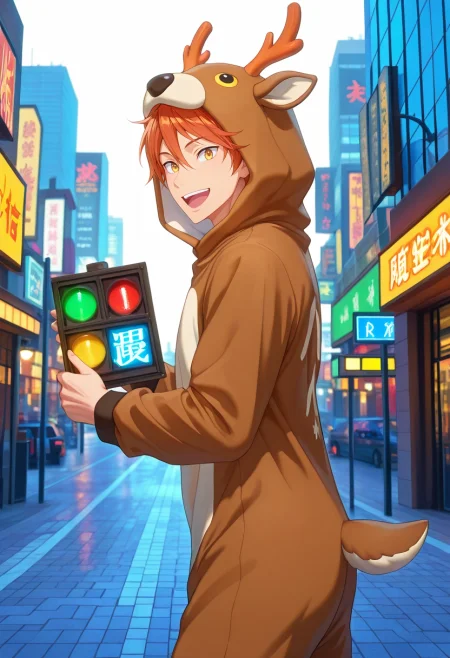 masterpiece, best quality, , (3d:0.4), , 1boy, solo, male focus, <lora:momotarou_mikoshiba_ilxl:0.98>, momotarou_mikoshiba, orange hair, yellow eyes, from side, hong kong \(city\), traffic signals, street lights, neon signs, day, sunny, holding object, :D, deer costume
