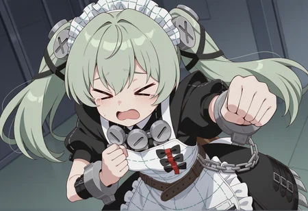 incoming punch, punching, anime screencap, anime coloring, anime screenshot, 1girl, solo, long hair, green hair, twintails, screw hair ornament, maid, maid headdress, maid unifrom, screw, apron, wristbands, shackles, short sleeves, puffy sleeves, belt, chain, XD, worried, tears, incoming punch <lora:corin_illus:1>, masterpiece, best quality, amazing quality, very aesthetic, absurdres, highres, newest