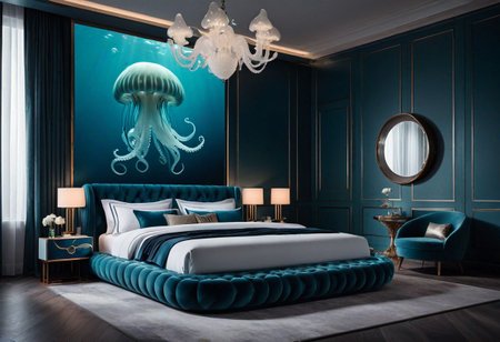 cinematic photo , ((best quality)),((masterpiece)),((realistic)),  fancy hotel bedroom, , hyper realistic, super detailed, 8k, film grain,modern design furniture inspired by jellyfish,bed inspired by octopus , style under sea,UnSea