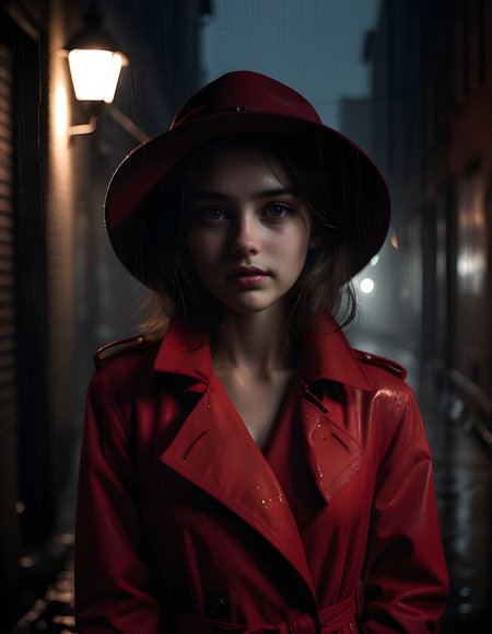 1girl, solo, looking_at_viewer, In a gritty, urban noir setting, a lone woman, clad in a vibrant red trench coat with a fur collar and a wide-brimmed hat dipped low over her face, stands against the backdrop of a dimly lit, rain-soaked alleyway. The camera angles from below, capturing her from a slightly off-center viewpoint that emphasizes her strong jawline and piercing black eyes. Her lips are pursed in a smoky, enigmatic smile, revealing a hint of her perfectly white teeth amidst the shadows. A solitary streetlight casts an eerie glow on her face, illuminating her brown eyes with an intensity that seems to pierce through the gloom, as if challenging the viewer to question her motives or intentions. The focus is soft and slightly blurry, emphasizing her mysterious allure amidst the grime and darkness of the city night.