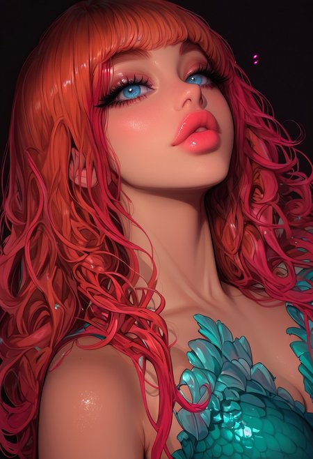 depth of field, focused subject, ((dynamic angle)), sexy pose, best quality, detailed eyes, perfect eyes, realistic eyes, 
ginger hair, pink highlights, loose curls, long hair, blue eyes, ((full lips)), (mascara), makeup, 
slim body, small ass, medium breast, 
(sea shell bra), 
blue mermaid tail, 
BREAK, 
dynamic pose, 
movie perspective, black background, neon lines, neon circles, neon light, abstract background, dark background, ((dynamic lights)), SLRSC, morimee_style, cute face