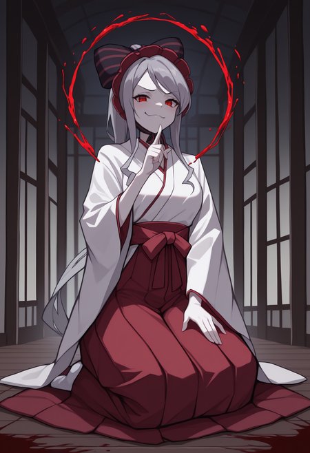 anime, masterpiece, best quality, newest, full body, solo, 1girl, sh4llt3ar, pale skin, smug, looking at viewer, seiza, hand on own thigh, hand up, index finger raised, casting spell, blood, grey hair, ponytail, hair bow, black bow, striped bow, bonnet, red eyes, slit pupils, japanese clothes, white kimono, wide sleeves, red hakama, hakama skirt, white socks, indoors, east asian architecture
<segment:yolo-face_yolov8m.pt,0.4,0.5//cid=1>