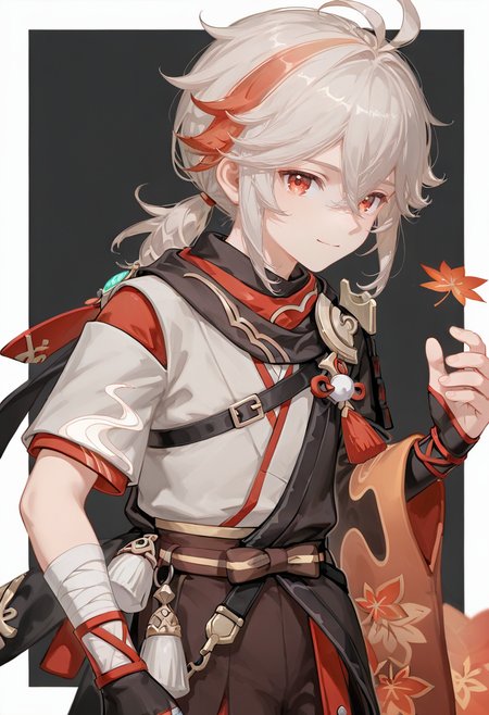 1boy,male focus,kaedehara kazuha,genshin impact,antenna hair,armor,border,cropped torso,crossed bangs,grey hair,hair between eyes,japanese armor,japanese clothes,looking at viewer,multicolored hair,ponytail,red eyes,red hair,simple background,solo,streaked hair,upper body,white border,hakama shorts,red scarf,red ribbon,hakama,white kimono,leaf print,short sleeves,tassel hair ornament,glove,ribbon,short ponytail,sidelocks,wide sleeves,hand up,chest belt,shirt,maple leaf print,sode,black background,black gloves,low ponytail,scarf,bandaged arm,outside border,fingerless gloves,medium hair,hair ornament,shoulder armor,kimono,closed mouth,tassel,shorts,bandages,pom pom \(clothes\),smile <lora:CunnyFunkyXL_NB11_lokr_V6311P:0.95>