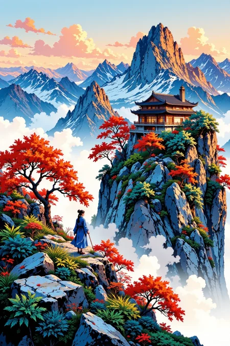 a house on a mountain beautiful landscape, evening, woman, very intricate, very detailed, sharp, bright, colorful, <lora:Hand v2:0.5> <lora:Anti-Blur:1><lora:Insane Detail Slider:0.25>  <lora:flux.1_lora_flyway_Epic-detail_v2:0.3> <lora:fluxenhancer:0.25> <lora:ROWER:0.6> <lora:flux-charmer-v1-1:0.4><lora:Vibrantly_Sharp_style_v.5:0.4> <lora:realanime:0.7> <lora:Chinese_Ink:0.3> chinese ink style