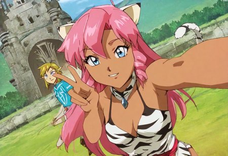 Pink_DragonPink, 1girl, sleeveless dress, white tiger print dress, pelvic curtain, cleavage, white tiger tail, red sash, small breasts, leather shoes, masterpiece, very aesthetic, cute expression <lora:pink-illustrious:1>, 
Break
(anime, anime coloring:1.3),1boy,Anime screencap,link (zelda),blonde hair,blue eyes,pointy ears, wearing blue hyilian tunic, 
Hyrule castle, castle gate, right in front of castle gate, selfie, couple, 1girl,1boy, pose,smile,v,stars, holding hands, dragonpink and link upper bodies in frame, smiling at each other