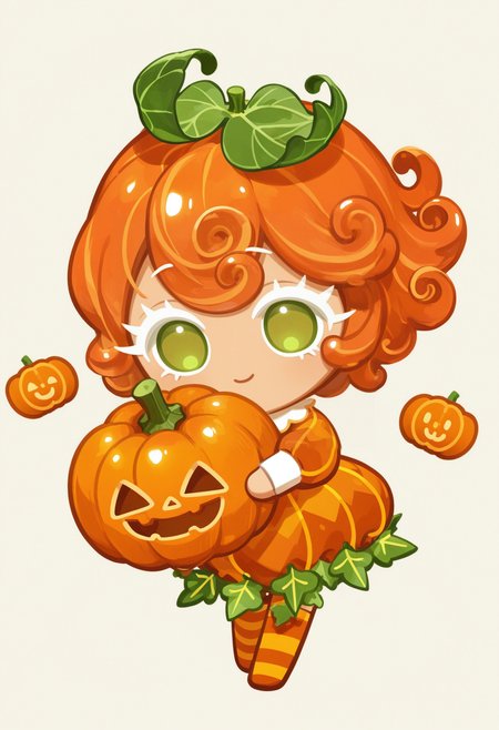 masterpiece,best quality,amazing quality,
colored eyelashes,white eyelashes,
orange and yellow striped dress,green accents,pumpkin-themed accessories,warm pose,solo,full body,simple background,(autumn theme:1.1),(harvest theme:1.1),curly orange hair,bright green eyes,holding pumpkin lantern,gentle smile,leaf-patterned stockings,
crk1styl111,<lora:lycoris:1>,(chibi:1.4),