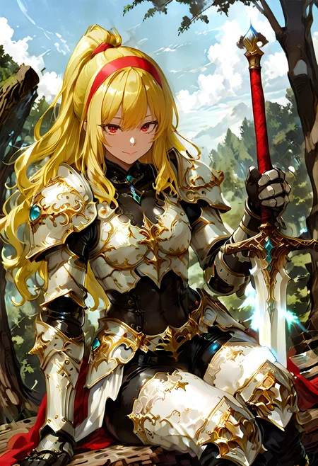 1girl, solo, anime coloring, anime artwork, unholy-aesthetic, masterpiece, best quality, newest, absurdres, highres, safe, CG, cinematic lighting, natural shadow, highest detail, detailed background, intricate scenery, depth of field, insane details, intricate, subsurface scattering, very aesthetic, serene atmosphere, artistic rendering, dramatic contrast, luminous elements, soft painterly texture, striking visual design, finely detailed face, beautiful face, <lora:kaelaIL:0.55> kaelaIL, long hair, red eyes, (yellow hair:1.5), red hairband,
dynamic angle, cinematic angle, looking at viewer, from side,
1girl, solo, kind smile,
day, blue sky, clouds,
forest, log, (sitting on log:1.5),
<lora:hina_MixArmor_x215c:0.9> (fantasy armor, gauntlets, shoulder armor, bodysuit, fantasy white armor, ornate lace, extreme detailed ornate armor, diamond girdle, gemstone choker:1.5),
<lora:WidePonytailV3-IXL:1> wide high ponytail, long hair, wavy hair,
<lora:748cmSDXL:0.45> 748cmstyle,
<lora:ILLMythP0rtr4itStyle:0.7> mythp0rt,
<lora:sitting_with_sword:0.6> sitting with sword stance, holding sword, sitting, sheathed,