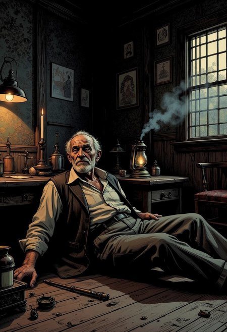 A detailed, atmospheric illustration depicting an old, weary man lying on the ground of a dimly lit opium den. The man has a gaunt, wrinkled face with sunken eyes, a scruffy beard, and worn-out clothes, showcasing his long, hard life. The opium den is a dark, cluttered space with intricate Victorian-era details: ornate, faded wallpaper, low wooden furniture, and scattered pipes and paraphernalia. Smoke wafts through the air, creating a hazy, surreal ambiance. The light is dim, with an eerie glow from a single lantern casting dramatic shadows, emphasizing the intricate textures and grimy details of the scene. The atmosphere is both melancholic and gritty, capturing the mood of despair and escapism.