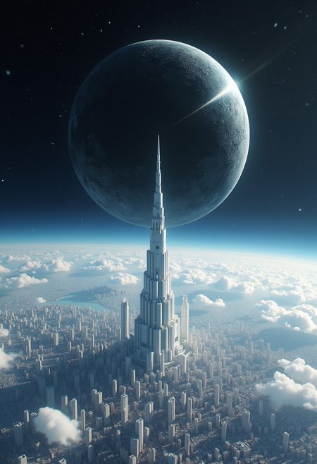 a giant black circle in the air intersected by thick lines,  symmetrical symbol, juxtaposed over a shining white city viewed from above, satellite view,
An enormous city sprawl with a city skyline reaching for the stars,
a tower of clean white architecture, the center for the AI that rules the Human civilization, in a glittering city of glass and shining metal,
   bright sunlight under a pitch black sky.
twice five miles of urban sprawl,