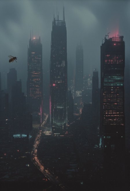 closeup of a single bee flying through a dystopian city, Blade Runner style, lith_mimosa_kiel_grw134_FLUX, From high above, the Blade Runner-inspired megacity sprawls beneath a thick layer of fog and rain, extending endlessly to the horizon. Towering skyscrapers with neon-lit façades pierce through the mist, their holographic billboards flickering in shades of pink, green, and electric blue. Streams of light weave through the streets like rivers of color, guiding automated vehicles along rain-slick roads far below. Massive, angular buildings rise and fall in chaotic clusters, each layer of the city adding to its dense, labyrinthine complexity. The air is heavy with pollution, creating a hazy glow that blurs the distant edges of the metropolis, where the city’s reach seems to dissolve into an endless sea of lights. As the neon glow blends with the rain-smeared atmosphere, it paints the entire landscape in a surreal, moody palette—a vision of a vast, technologically vibrant yet eerily lifeless world.