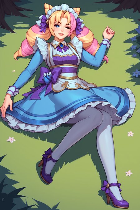 score_9, score_8_up, score_7_up, score_6_up, BREAK, GwenCafeCXL, blue eyes, one eye star-shaped pupil, blonde hair, pink hair, multicolored hair, twin drills, double buns, parted bangs, maid headdress, purple bow, medium breasts, maid, purple bowtie, blue dress, long sleeves, blue skirt, white pantyhose, purple footwear, high heels, solo, full body, lying on grass, seductive smile, looking at viewer, forest, tree <lora:GwenCafeCXL:0.9>